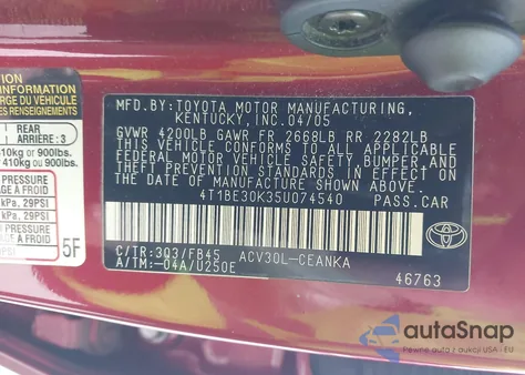 2005 Toyota Camry Le from USA, damaged, VIN 4T1BE30K35U074540